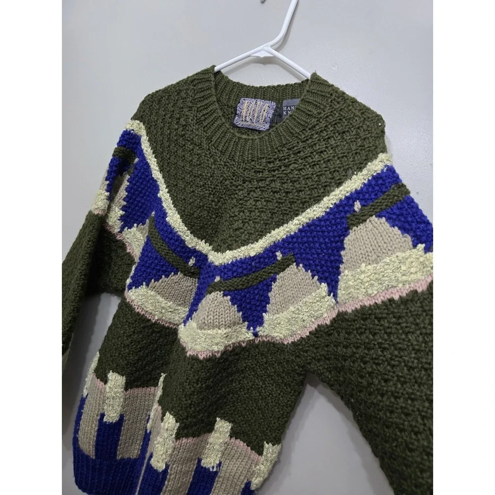Vintage Novo Hand Knit Wool Blend Sweater Geometric Chunky Olive Blue Large